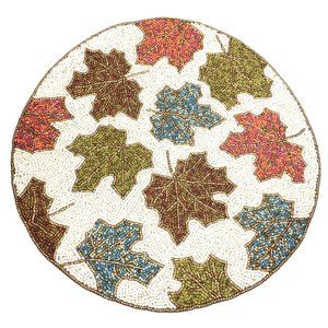 x4 Tahari Colorful Fall Maple Leaves Beaded Placemat Set Orange Blue Green Decor
